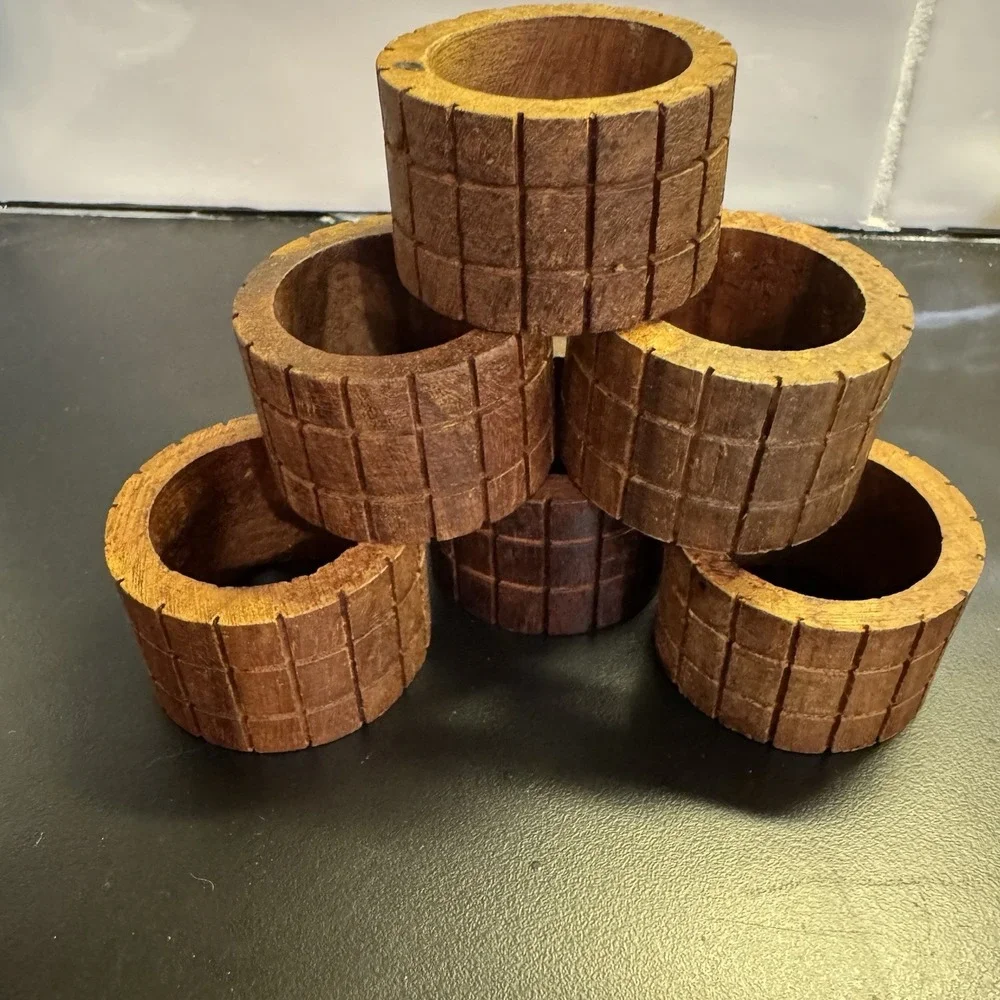 Set of 6 Vintage  Mid Century Modern Teak Wood Napkin Ring Holders MCM Boho‎